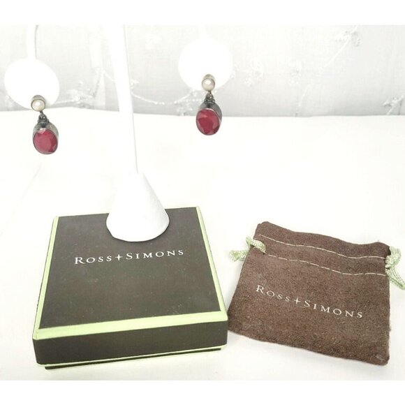 Ross-Simons SS Black Rhodium Oval Pink Ruby Drop Pierced Earrings Faux Pearl - Picture 1 of 11